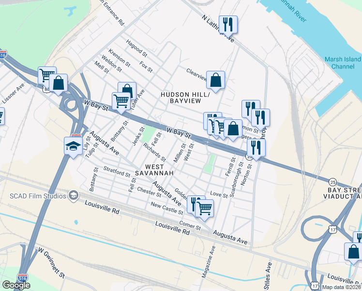 map of restaurants, bars, coffee shops, grocery stores, and more near 1505 West Bay Street in Savannah