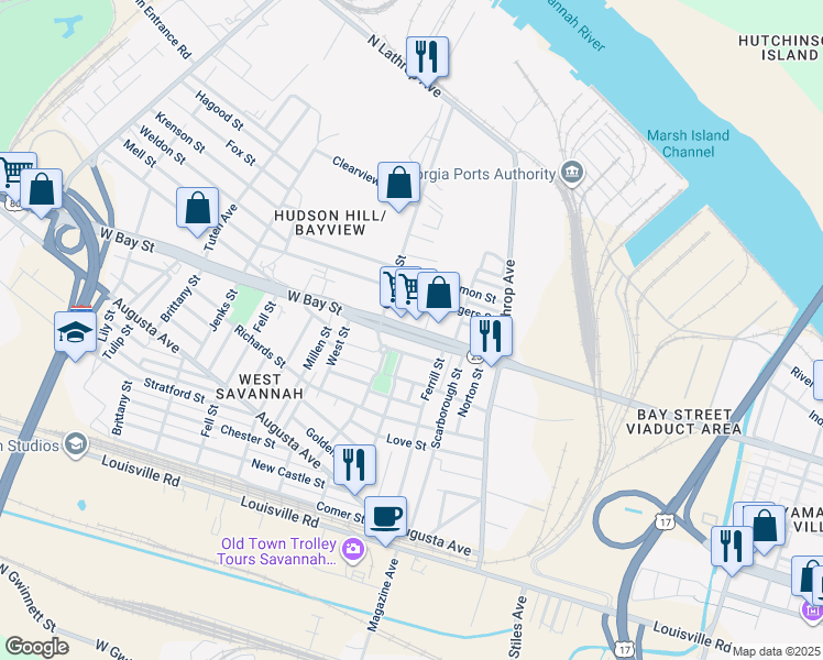 map of restaurants, bars, coffee shops, grocery stores, and more near 1300 West Bay Street in Savannah