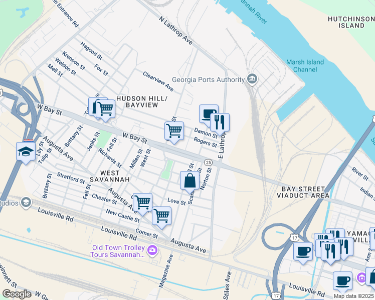 map of restaurants, bars, coffee shops, grocery stores, and more near 1300 West Bay Street in Savannah