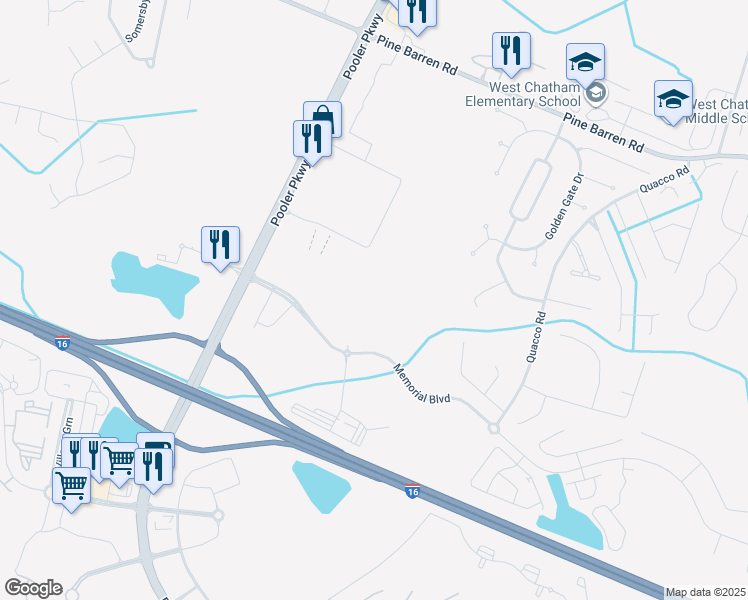 map of restaurants, bars, coffee shops, grocery stores, and more near Memorial Boulevard in Pooler