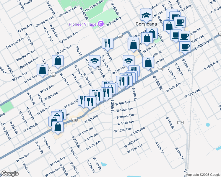 map of restaurants, bars, coffee shops, grocery stores, and more near 1101 West Collin Street in Corsicana