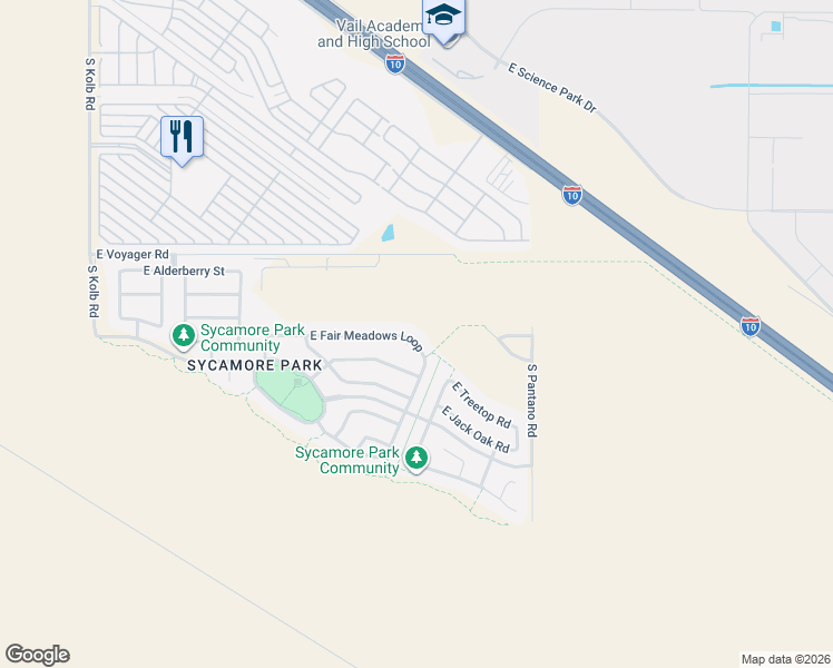 map of restaurants, bars, coffee shops, grocery stores, and more near 7671 East Fair Meadows Loop in Tucson