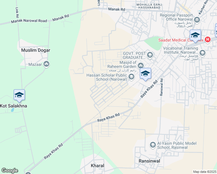 map of restaurants, bars, coffee shops, grocery stores, and more near New Narowal Lahore Road in Narowal