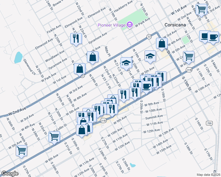 map of restaurants, bars, coffee shops, grocery stores, and more near 215 North 23 1/2 Street in Corsicana