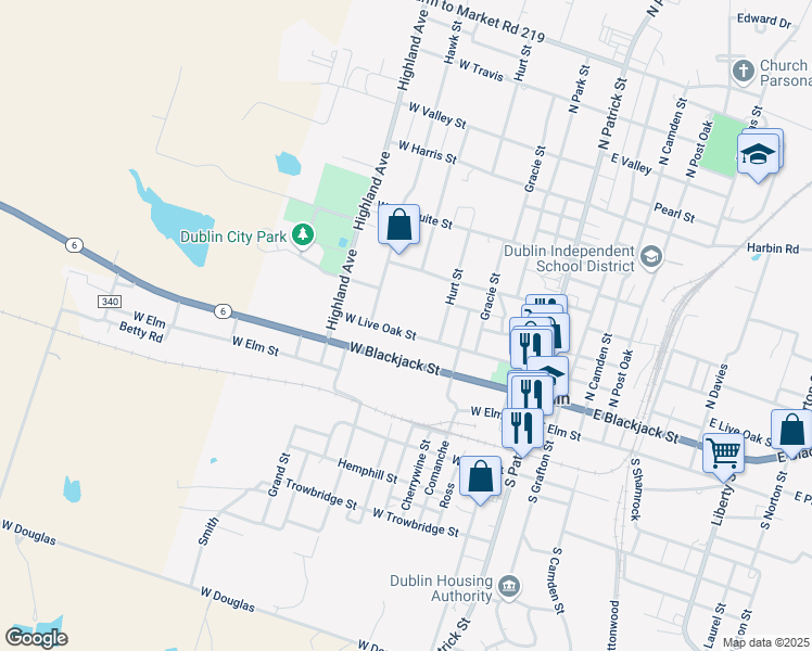 map of restaurants, bars, coffee shops, grocery stores, and more near 504 West Live Oak Street in Dublin