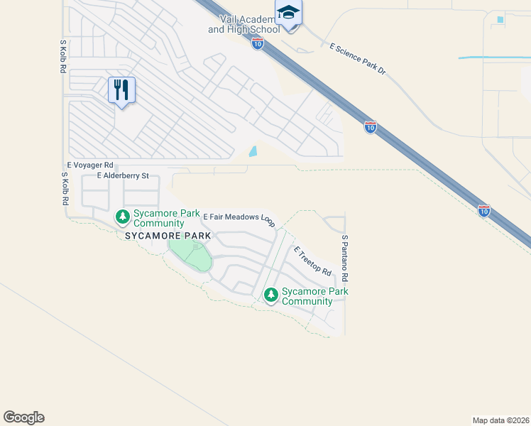 map of restaurants, bars, coffee shops, grocery stores, and more near 7671 East Fair Meadows Loop in Tucson