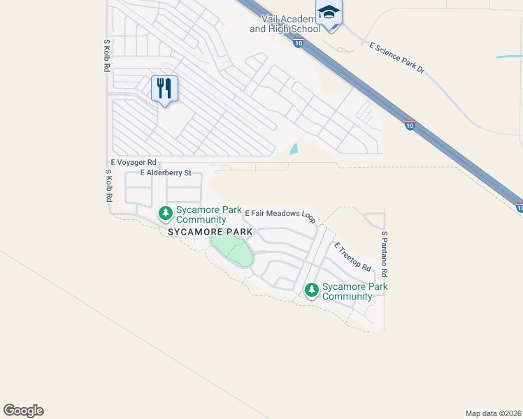map of restaurants, bars, coffee shops, grocery stores, and more near 7545 East Fair Meadows Loop in Tucson