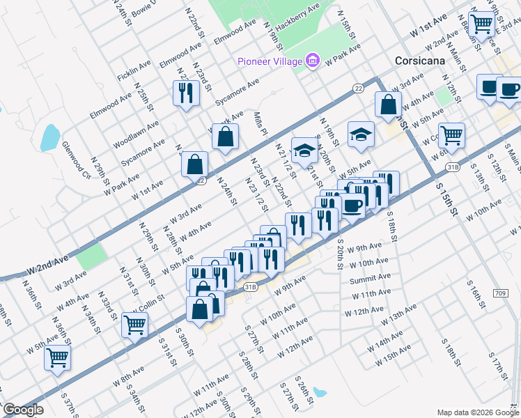 map of restaurants, bars, coffee shops, grocery stores, and more near 215 North 23 1/2 Street in Corsicana