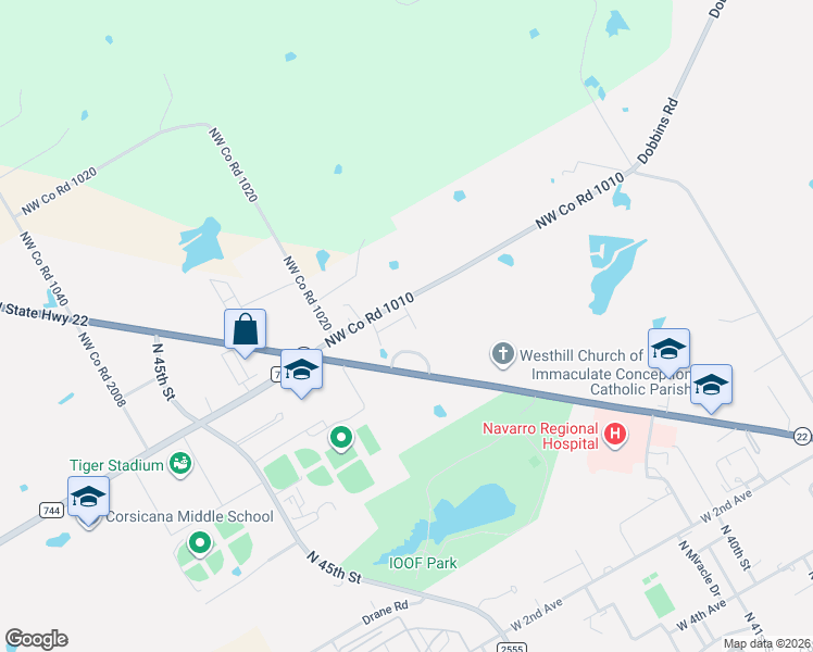 map of restaurants, bars, coffee shops, grocery stores, and more near 3560 Dobbins Road in Corsicana