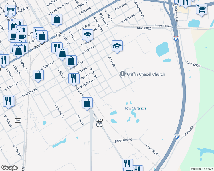 map of restaurants, bars, coffee shops, grocery stores, and more near 901 East 16th Avenue in Corsicana