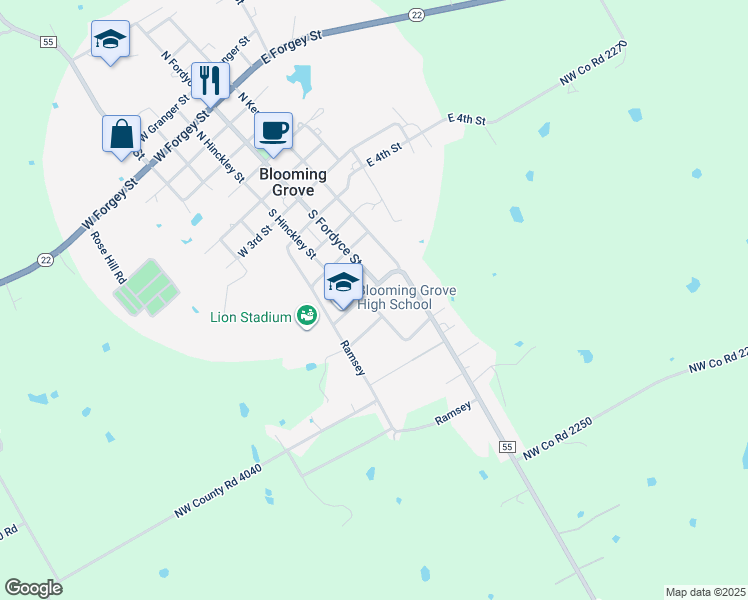 map of restaurants, bars, coffee shops, grocery stores, and more near 704 Atkinson Street in Blooming Grove