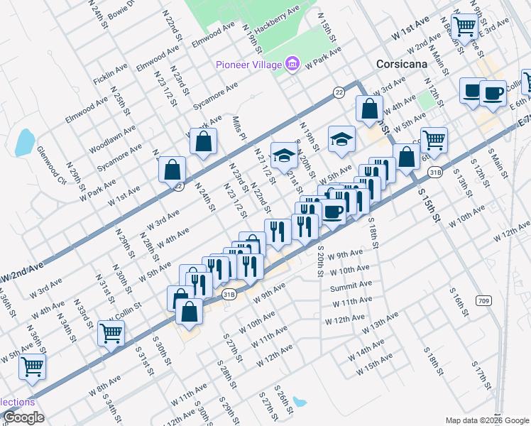 map of restaurants, bars, coffee shops, grocery stores, and more near 1301 West 5th Avenue in Corsicana