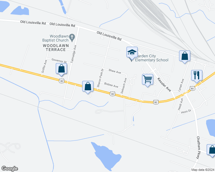 map of restaurants, bars, coffee shops, grocery stores, and more near 2201 Bisbee Avenue in Savannah