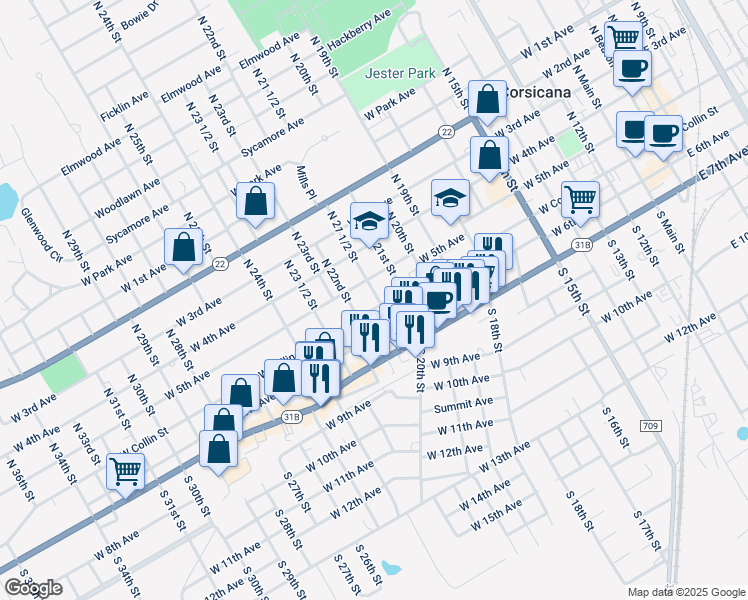map of restaurants, bars, coffee shops, grocery stores, and more near 1222 West Collin Street in Corsicana