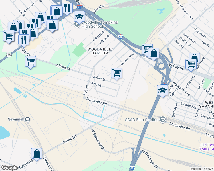 map of restaurants, bars, coffee shops, grocery stores, and more near 24 King Street in Savannah