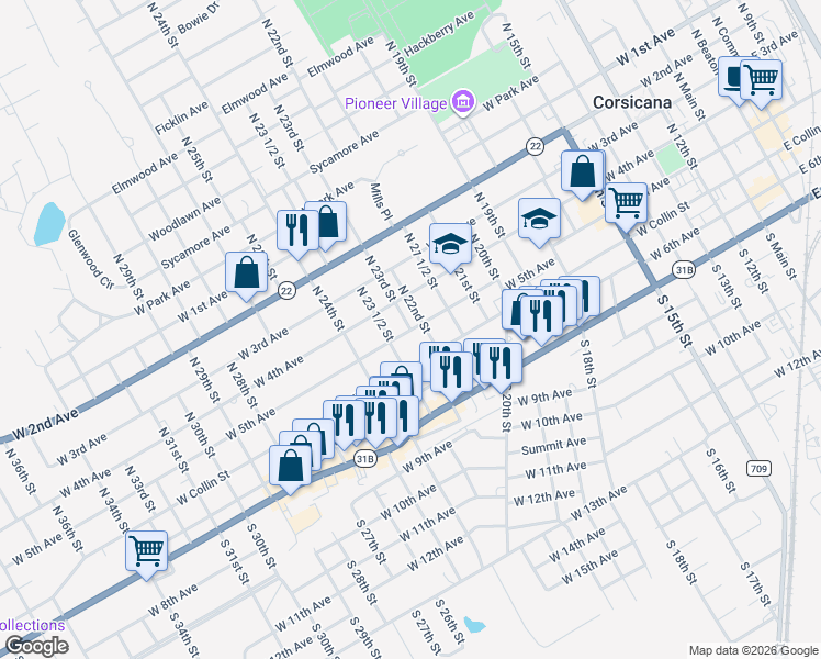 map of restaurants, bars, coffee shops, grocery stores, and more near 1301 West 5th Avenue in Corsicana