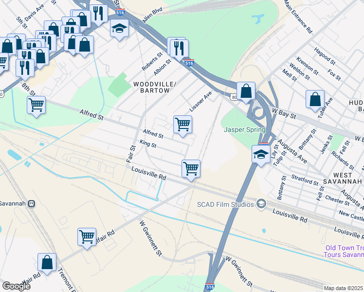 map of restaurants, bars, coffee shops, grocery stores, and more near 5 Alfred Street in Savannah