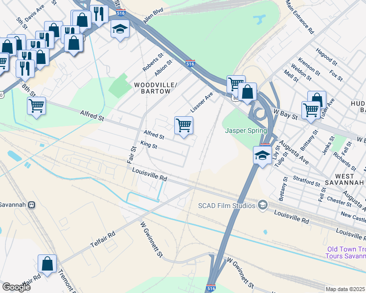 map of restaurants, bars, coffee shops, grocery stores, and more near 5 Alfred Street in Savannah