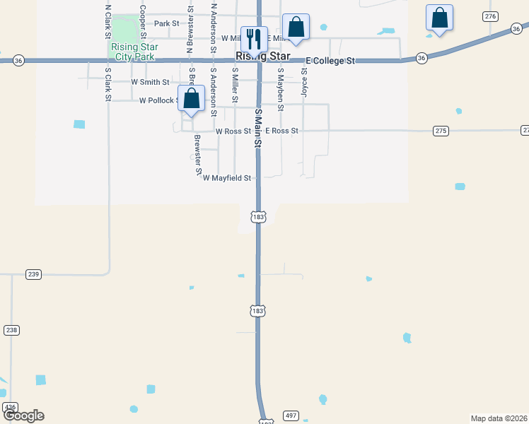 map of restaurants, bars, coffee shops, grocery stores, and more near 517 South Main Street in Rising Star