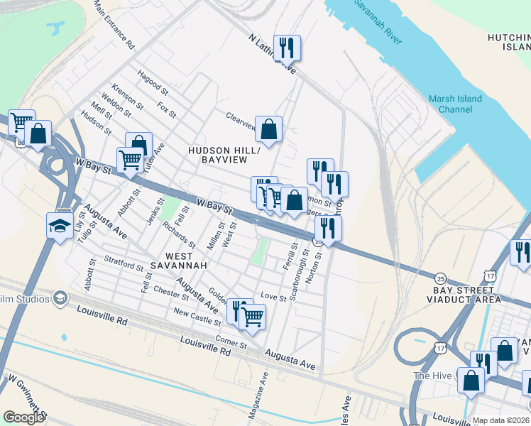 map of restaurants, bars, coffee shops, grocery stores, and more near 1340 West Bay Street in Savannah