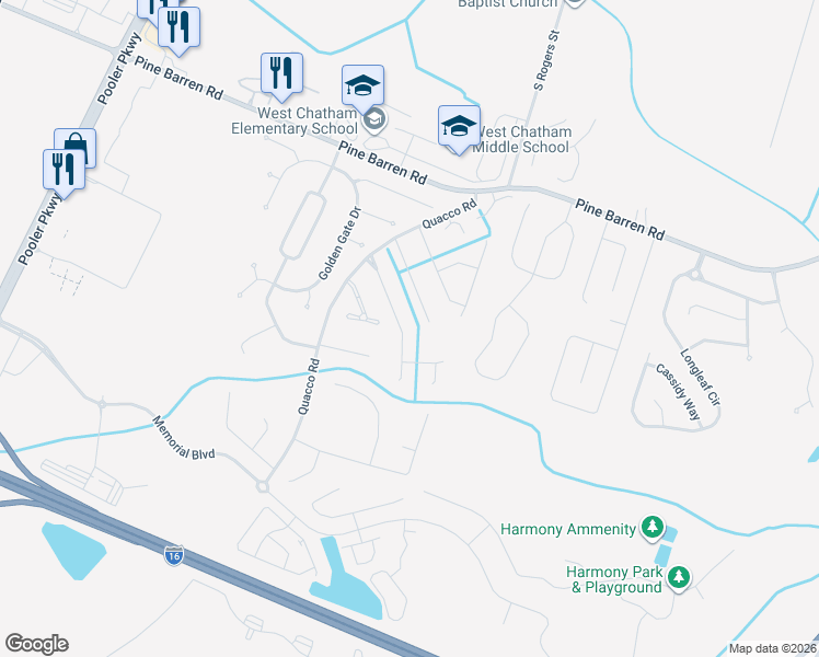 map of restaurants, bars, coffee shops, grocery stores, and more near 124 Raindance Rd in Pooler