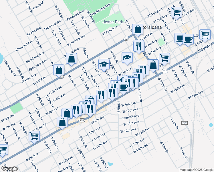 map of restaurants, bars, coffee shops, grocery stores, and more near 1222 West Collin Street in Corsicana