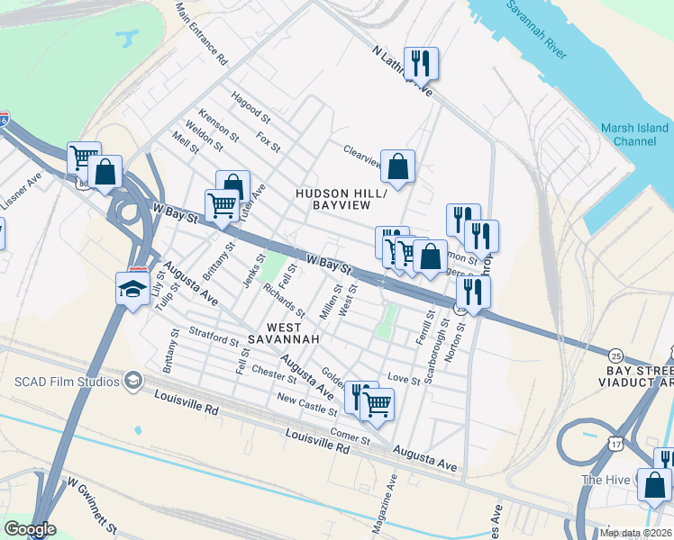 map of restaurants, bars, coffee shops, grocery stores, and more near 1505 West Bay Street in Savannah