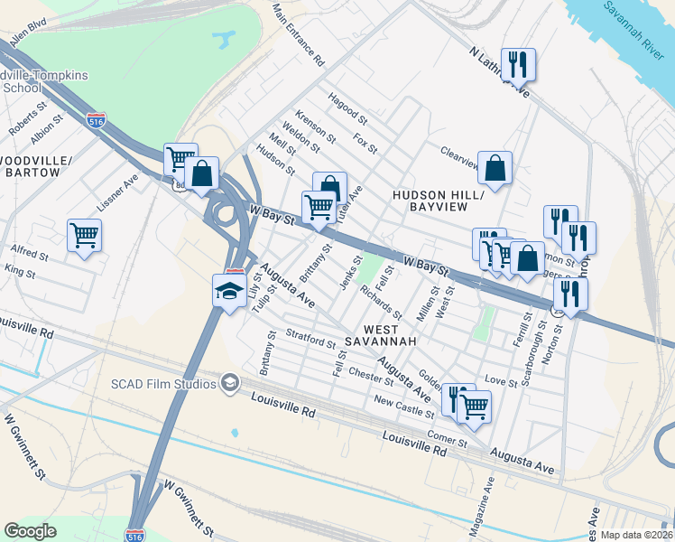 map of restaurants, bars, coffee shops, grocery stores, and more near 2009 Lewden Street in Savannah