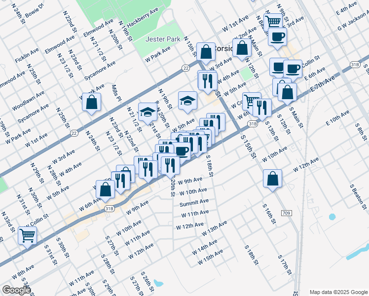 map of restaurants, bars, coffee shops, grocery stores, and more near 947 West 6th Avenue in Corsicana