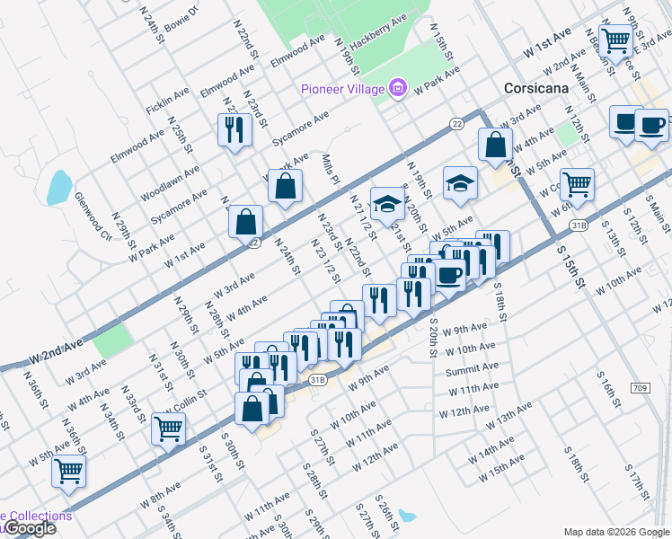 map of restaurants, bars, coffee shops, grocery stores, and more near 215 North 23 1/2 Street in Corsicana