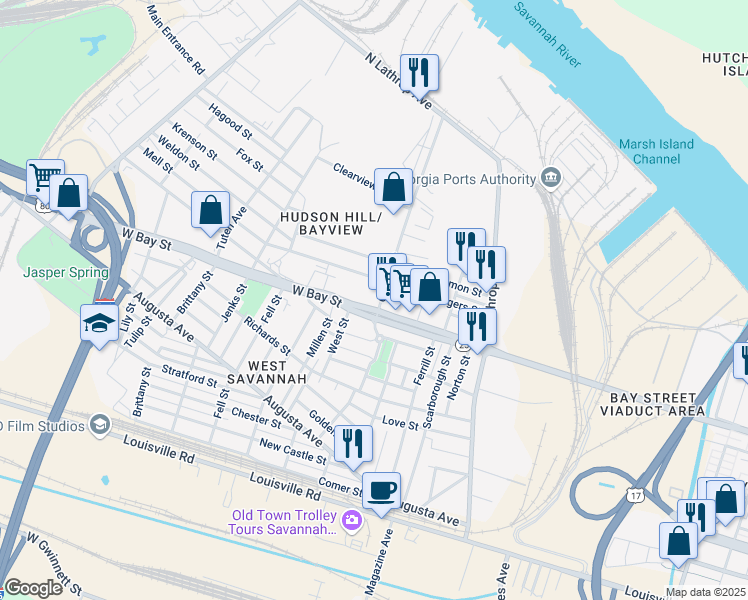 map of restaurants, bars, coffee shops, grocery stores, and more near 1450 West Bay Street in Savannah