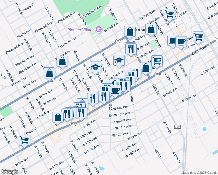 map of restaurants, bars, coffee shops, grocery stores, and more near 1101 West Collin Street in Corsicana