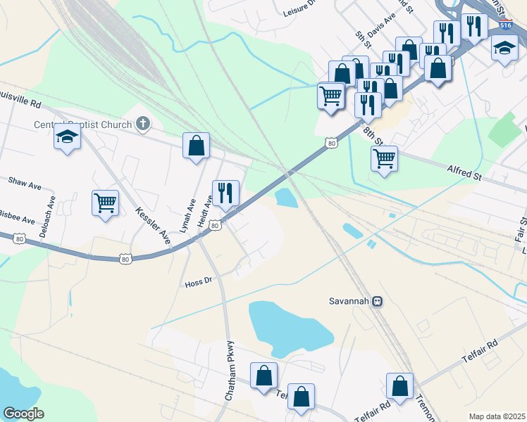 map of restaurants, bars, coffee shops, grocery stores, and more near 802 U.S. 80 in Savannah