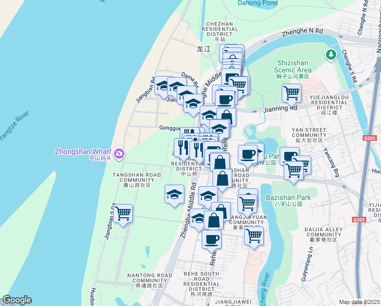 map of restaurants, bars, coffee shops, grocery stores, and more near in Nanjing
