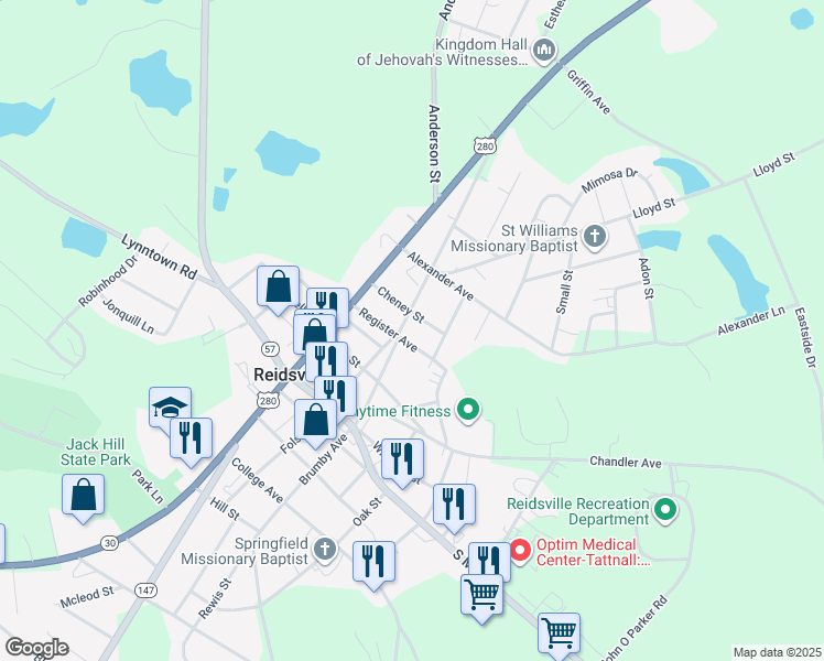 map of restaurants, bars, coffee shops, grocery stores, and more near 199 Brumby Avenue in Reidsville