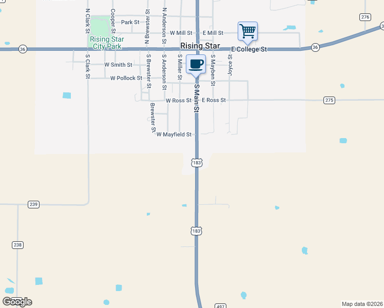 map of restaurants, bars, coffee shops, grocery stores, and more near 517 South Main Street in Rising Star
