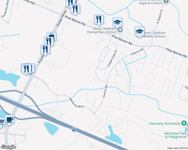 map of restaurants, bars, coffee shops, grocery stores, and more near 155 Brooklyn Way in Pooler