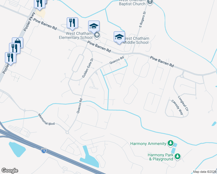 map of restaurants, bars, coffee shops, grocery stores, and more near 124 Raindance Road in Pooler