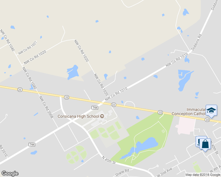 map of restaurants, bars, coffee shops, grocery stores, and more near 3556 Dobbins Road in Corsicana