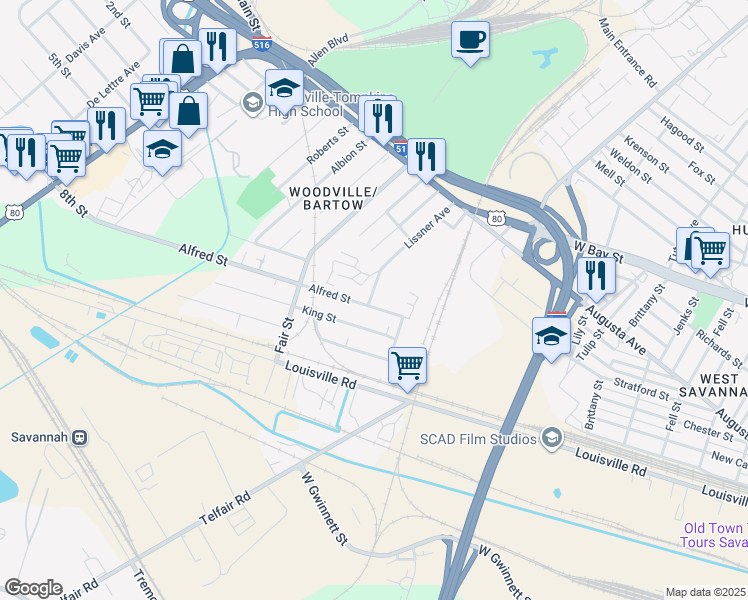 map of restaurants, bars, coffee shops, grocery stores, and more near 24 King Street in Savannah