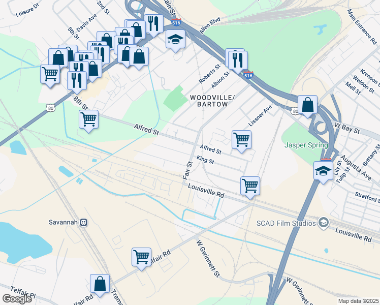 map of restaurants, bars, coffee shops, grocery stores, and more near 141 Fair Street in Savannah