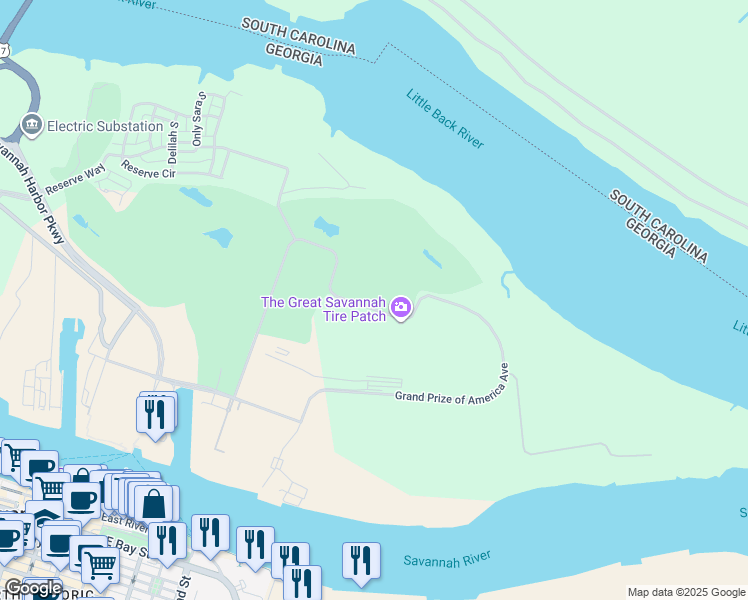 map of restaurants, bars, coffee shops, grocery stores, and more near Grand Prize of America Avenue in Savannah