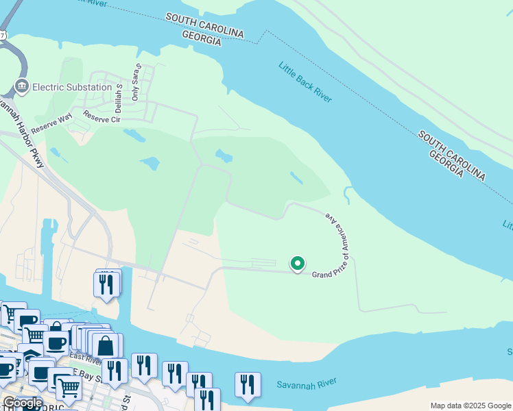 map of restaurants, bars, coffee shops, grocery stores, and more near 400 Airways Avenue in Savannah