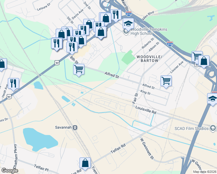 map of restaurants, bars, coffee shops, grocery stores, and more near 153 King Street in Savannah