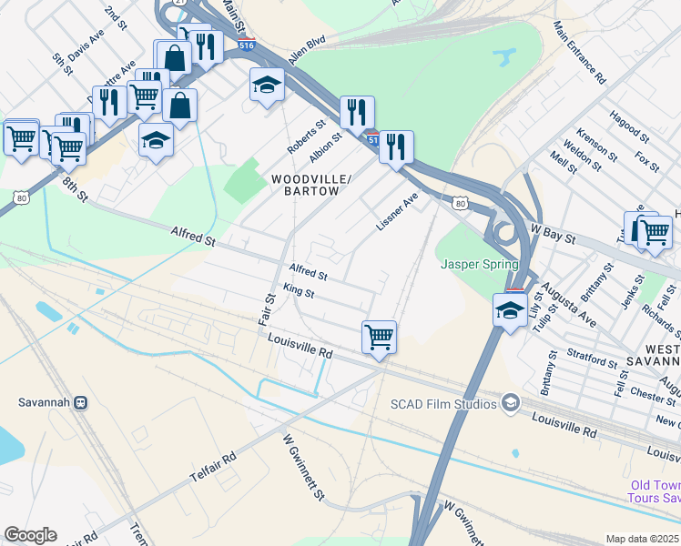 map of restaurants, bars, coffee shops, grocery stores, and more near 205 Lissner Avenue in Savannah