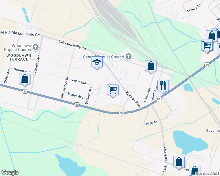 map of restaurants, bars, coffee shops, grocery stores, and more near 415 Kessler Court in Savannah