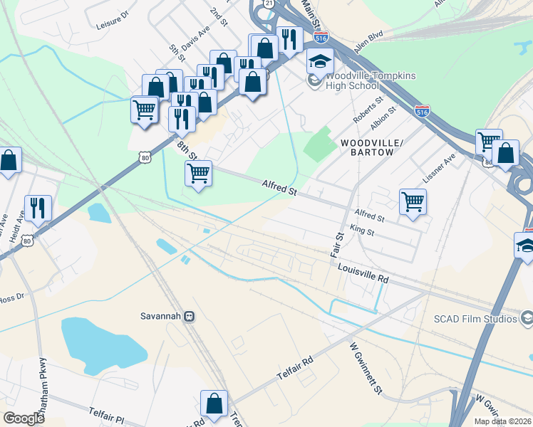 map of restaurants, bars, coffee shops, grocery stores, and more near 153 King Street in Savannah