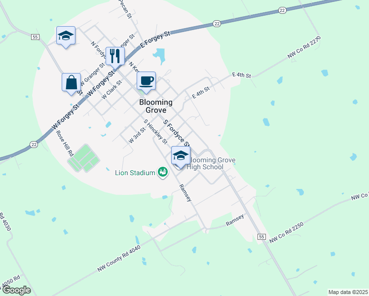 map of restaurants, bars, coffee shops, grocery stores, and more near 509 South Fordyce Street in Blooming Grove