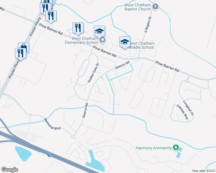 map of restaurants, bars, coffee shops, grocery stores, and more near 114 Raindance Road in Pooler