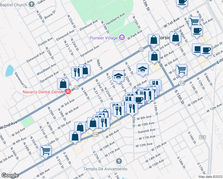 map of restaurants, bars, coffee shops, grocery stores, and more near 1237 West 4th Avenue in Corsicana